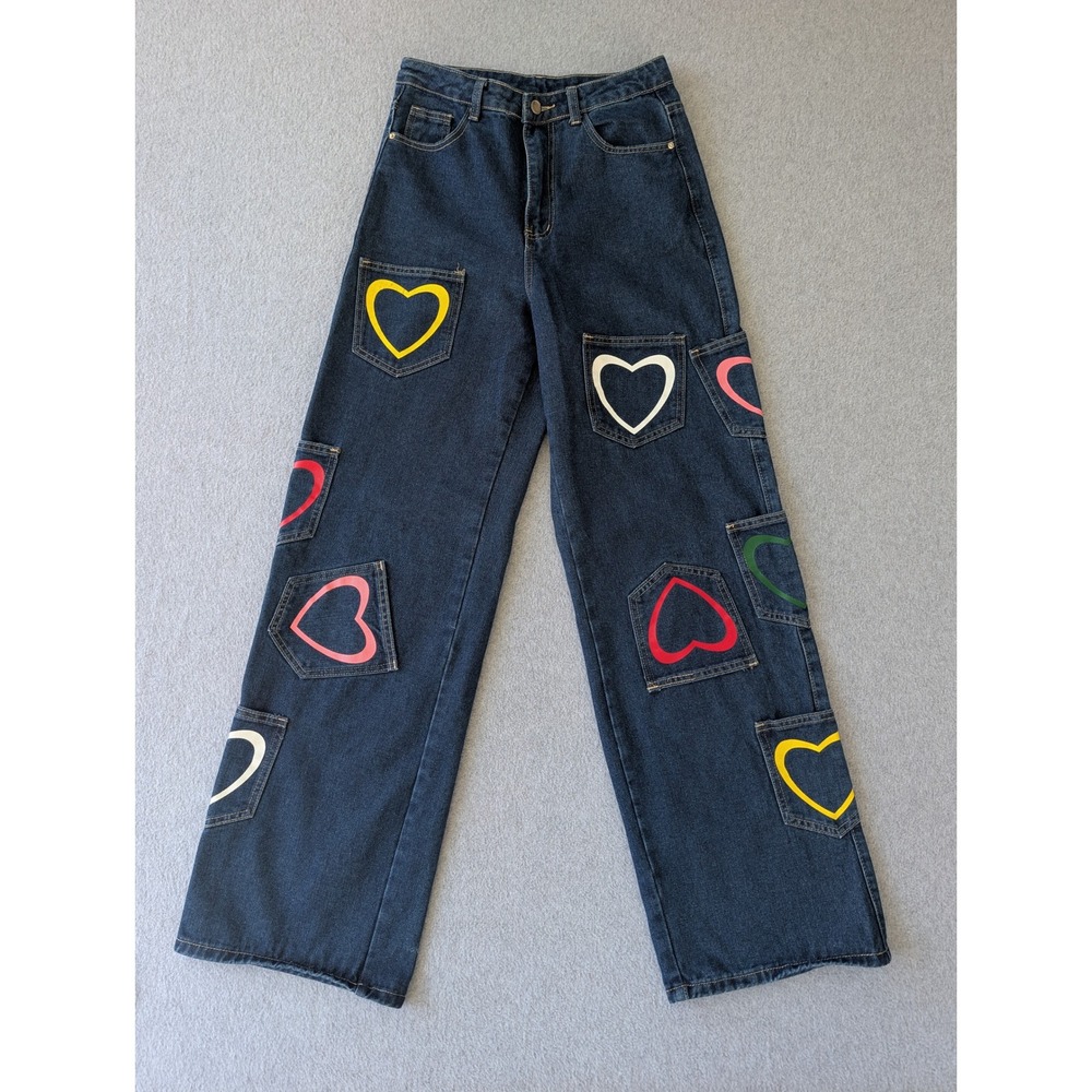Multi Pocket Heart Print Wide Leg Jeans Dark Wash High Rise Y2K Style Pant